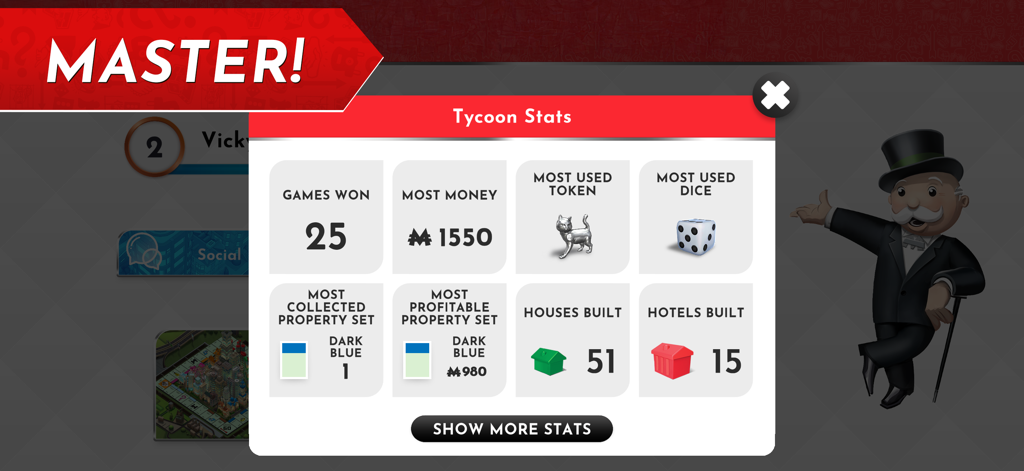Monopoly board game tycoon stats screen showing games won and player achievements.