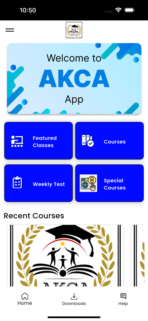 AKCA app home screen with navigation for courses and weekly tests