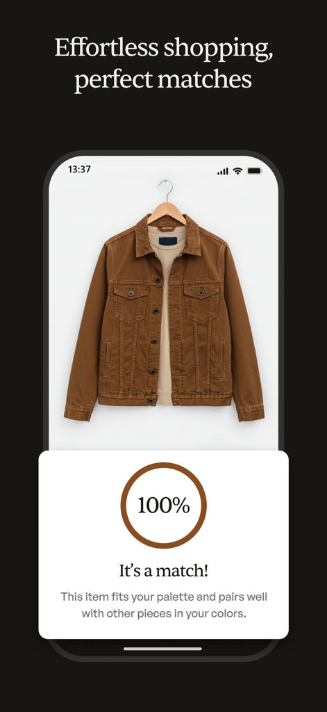 Color analysis - Daily Male - Escáner de artículos de la aplicación Daily Male mostrando una coincidencia de color del cien por cien para una chaqueta marrón