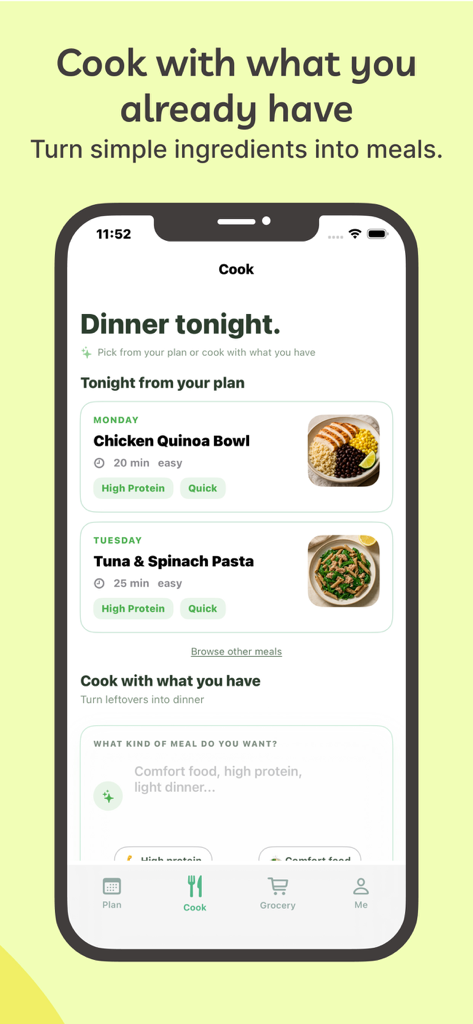 AI Meal Planner – Easy Dinner - La aplicación AI Meal Planner muestra planes de cena y opciones para cocinar con lo que tienes.