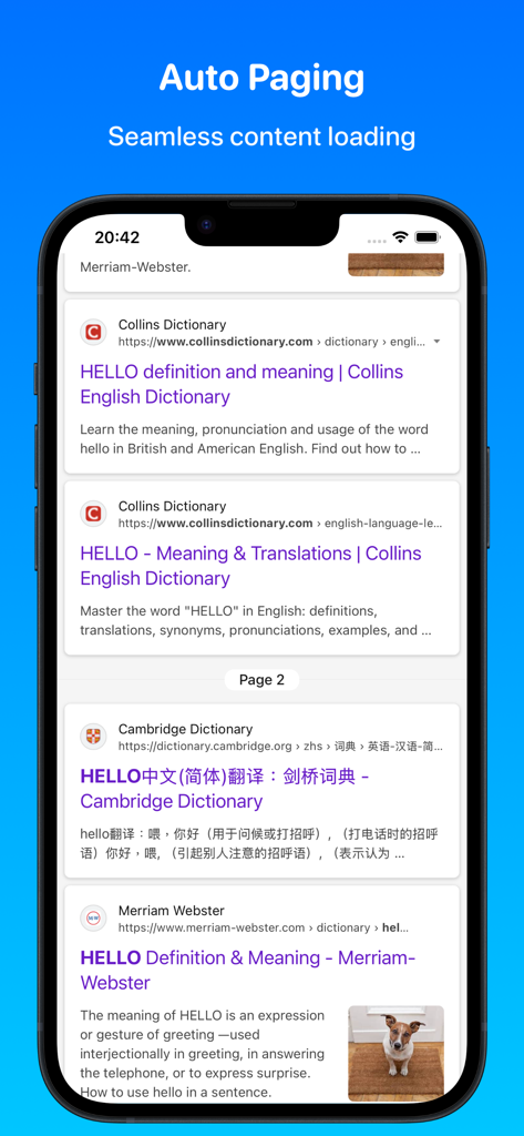 App Focus che mostra la funzione di paginazione automatica per un caricamento di contenuti senza interruzioni nel browser mobile
