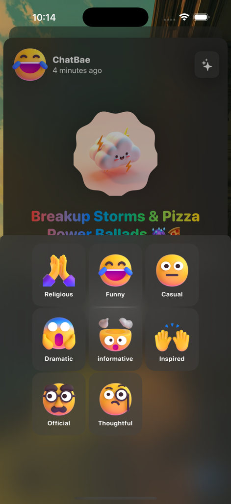 Interface of the ChatBae AI app showing mood selection icons including funny casual and dramatic