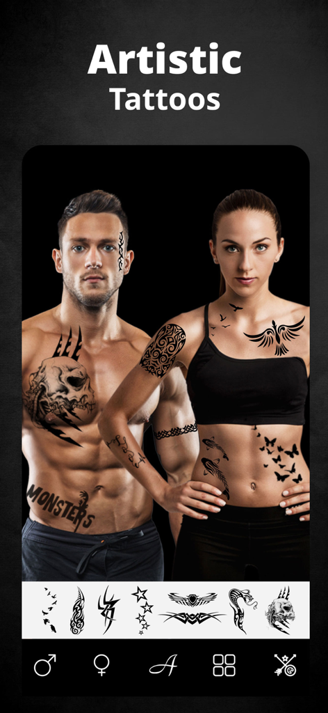 Tattoo Maker Design Editor - A man and woman showcasing various artistic virtual tattoo designs within the app interface