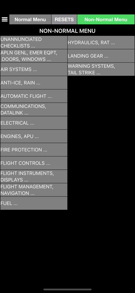 Interface of the 787 Handbook app displaying the non-normal menu categories for pilot quick reference.