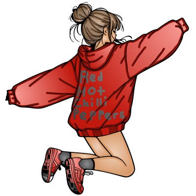 realistic girl jumping with a bun and oversized sweatshirt