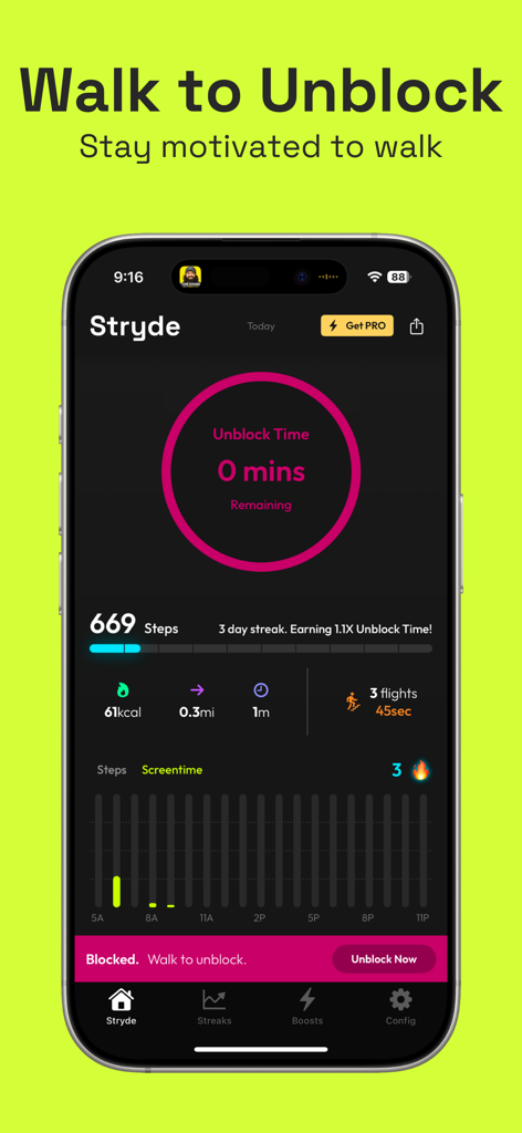 Stryde | 걷기로 사용 시간을 벌고 휴대폰 중독을 극복하세요