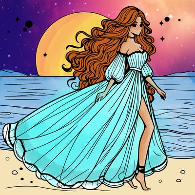 beautiful woman with a vaporous long dress walking on the beach at the noon, detailed art