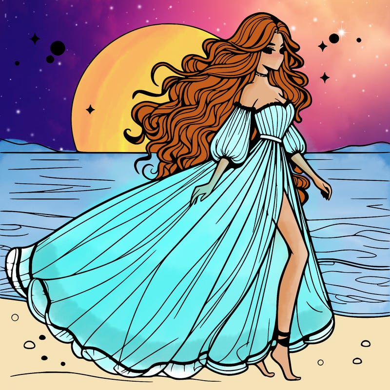 beautiful woman with a vaporous long dress walking on the beach at the noon, detailed art