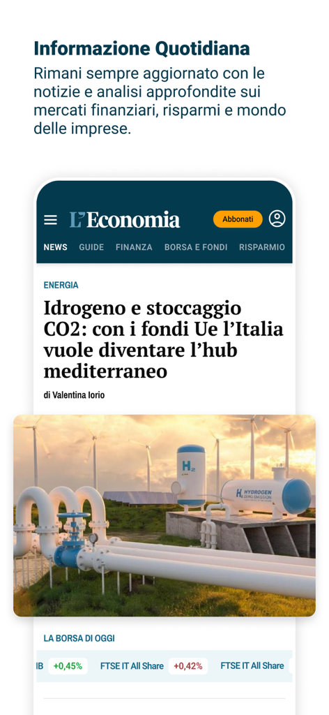 L'Economia Corriere della Sera - L'Economia Corriere della Sera app interface showing financial news articles and stock market trends