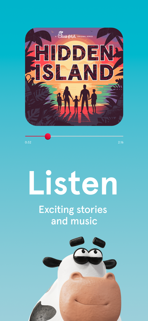 Chick-fil-A Play - Chick-fil-A Play app screen showing the Listen feature for stories and music featuring Hidden Island series and a 3D cow character.