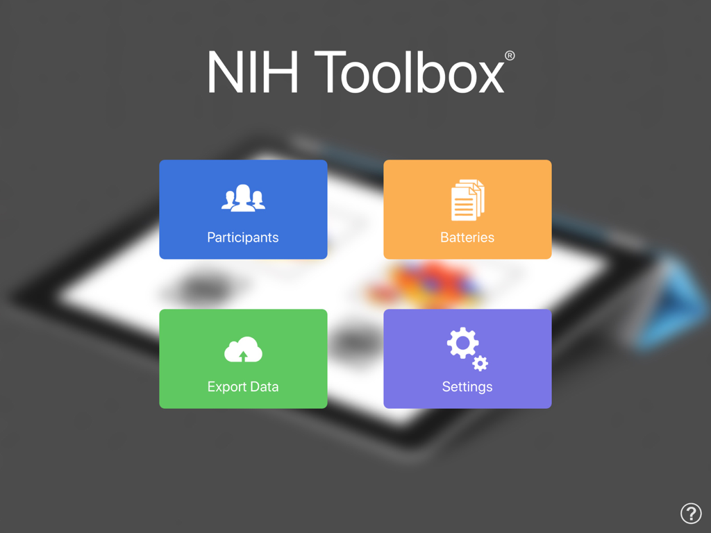 Main menu of the NIH Toolbox legacy app showing icons for Participants Batteries Export Data and Settings