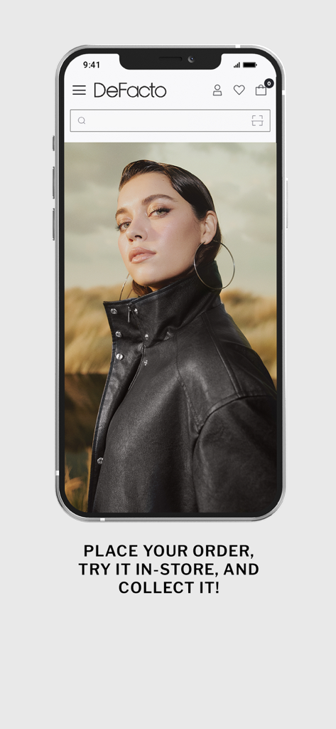 DeFacto - Clothing & Shopping - DeFacto app screen featuring a woman in a black jacket and info on in-store pickup