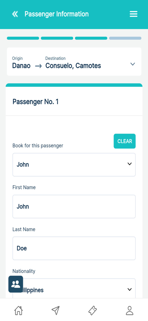 BARKOTA Ticket Booking - Passenger information form in the Barkota app showing details for a ferry booking from Danao to Consuelo.