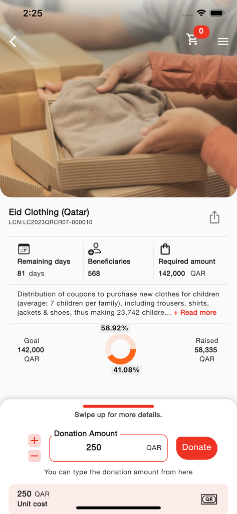 QRCS - Qatar Red Crescent app screen showing Eid clothing donation campaign details and progress