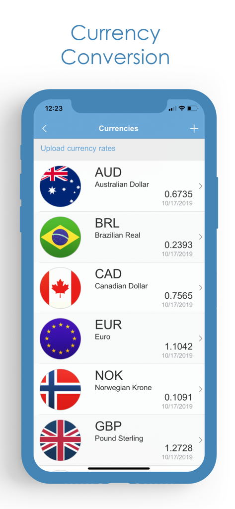 Mobile app interface displaying currency conversion rates for AUD BRL CAD EUR NOK and GBP with respective national flags