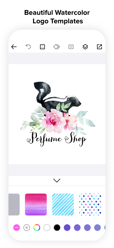 Watercolor logo design for a perfume shop featuring a skunk and pink flowers.