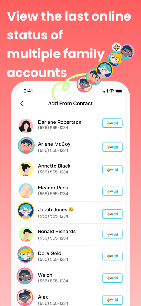 WspSeen-Last Seen Tracking App - Interface showing a list of contacts to add for online status tracking.