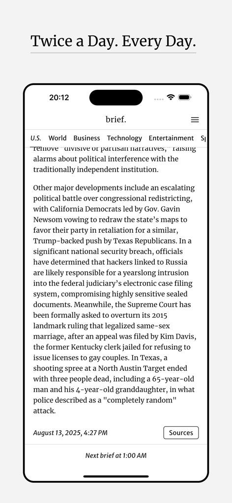 Brief: Daily News Summary - Interface of the Brief app showing a concise daily news summary with fact-based paragraphs and a clean minimalist design.