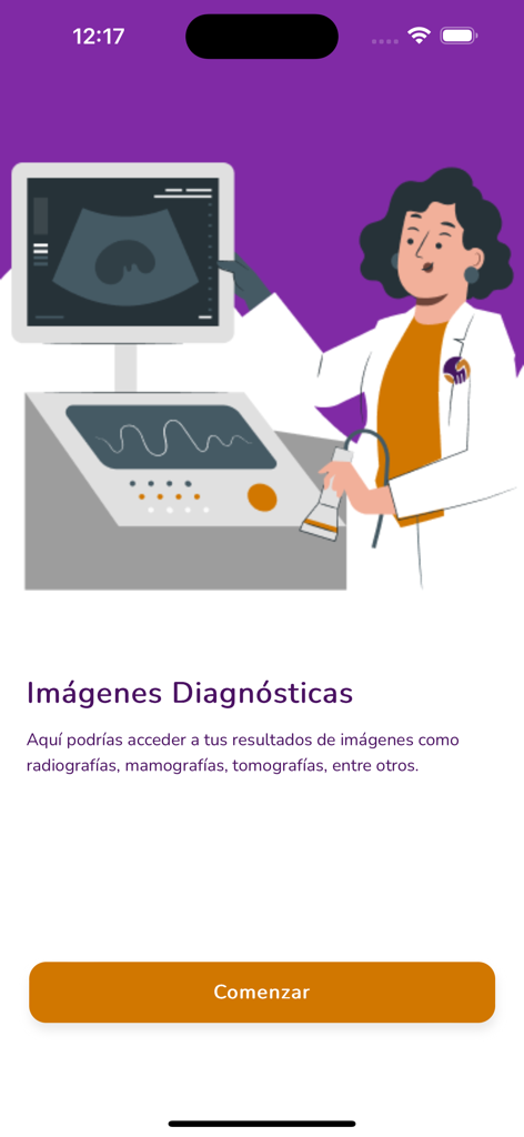 Section des images diagnostiques du portail patient San Pablo montrant une illustration d'un médecin effectuant une échographie.