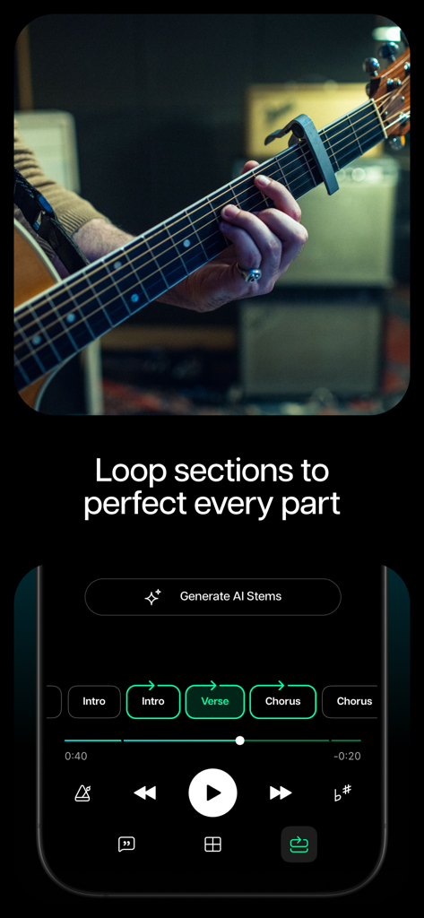 Pantalla de la app Moises mostrando la función de bucle de secciones para ensayos y práctica musical