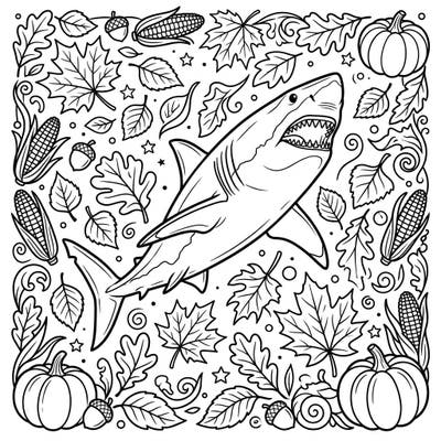 This unique coloring page brings together the awe-inspiring great white shark with the cozy abundance of autumn. Immerse yourself in a detailed design featuring fall leaves, pumpkins, and corn, ready for your creative touch.
