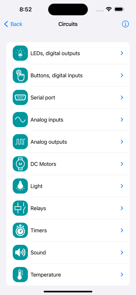 Arduino Programming Tutorial - A list of circuit tutorial categories including LEDs, buttons, and motors in the Arduino programming app.