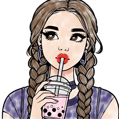 realistic girl with braided hair drinking boba