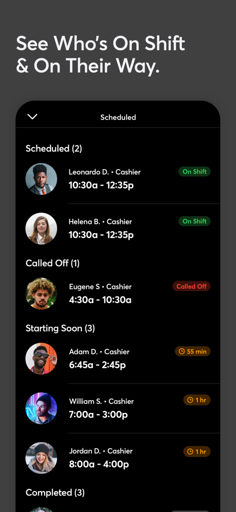 Shyft - Shift Swap, Schedule - Mobile App-Bildschirm mit einer Liste der geplanten Mitarbeiter mit ihren Schichtzeiten und dem aktuellen Arbeitsstatus.