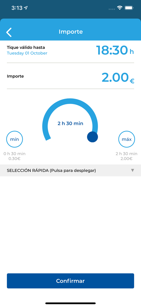 Tela do aplicativo móvel mostrando a seleção da duração do estacionamento e o valor do pagamento em euros para um ticket em Málaga