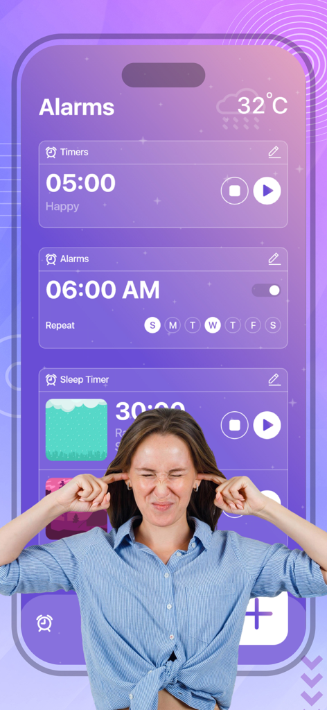 Alarm Clock: Smart Waking Up - Interface of the Alarm Clock Smart Waking Up app showing alarm settings and sleep timers with a woman covering her ears