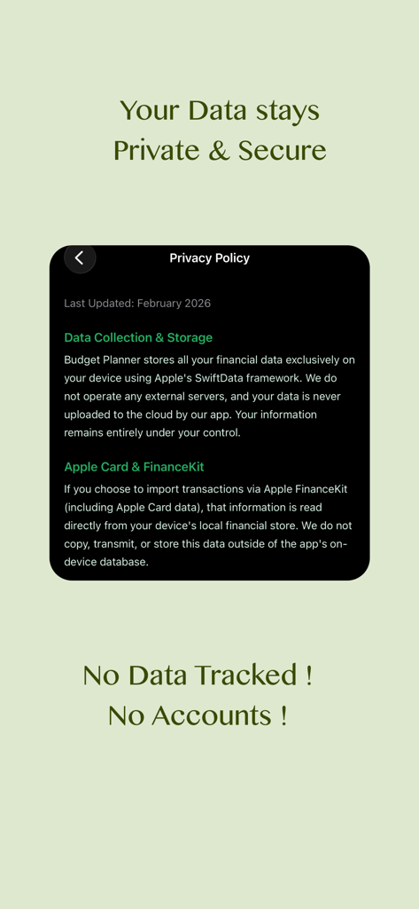 Datenschutzrichtlinien-Bildschirm der Budget Planner App, der die Datensicherheit und keine Nachverfolgung hervorhebt.