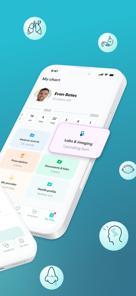 LifeMD Telehealth - Interfaz de la aplicación móvil LifeMD que muestra el historial médico personal de un paciente con registros médicos y detalles de la receta.