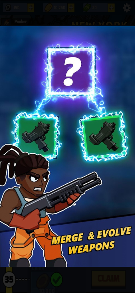 Zombie Idle Defense - Character showing the merge and evolve weapons mechanic in Zombie Idle Defense