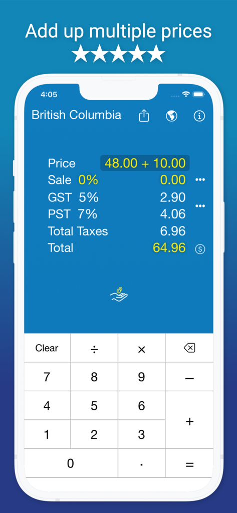 App interface showing the addition of multiple prices for a British Columbia sales tax calculation
