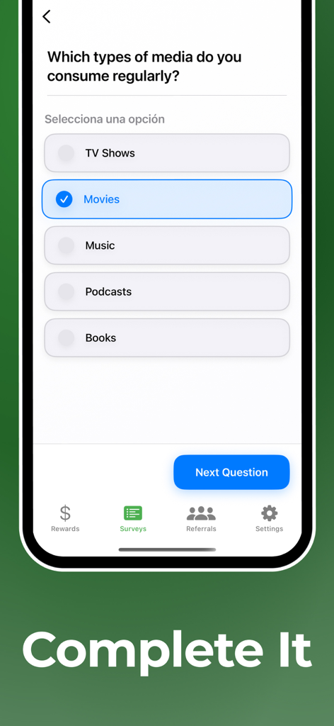 Mobile app interface displaying a survey question about media consumption habits with multiple choice options and a next question button.