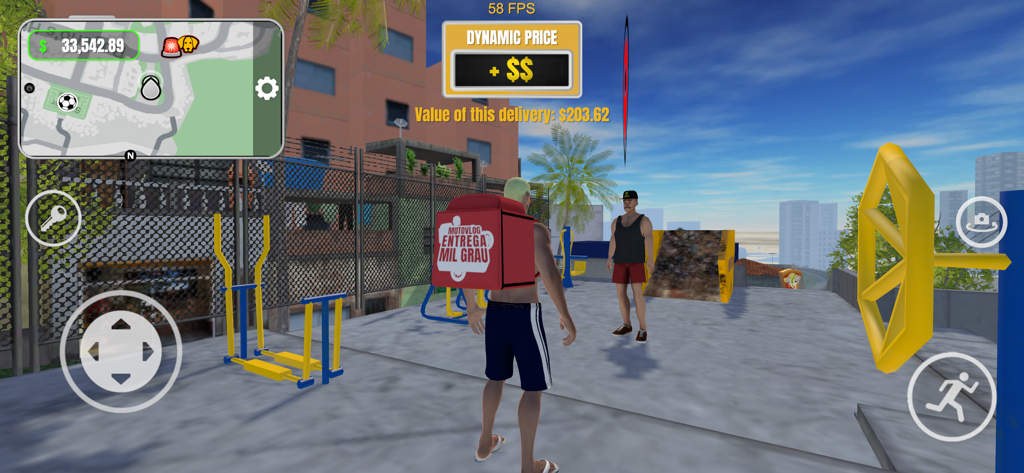 Motovlog Crazy Delivery Online - A character in Motovlog Crazy Delivery Online wearing a delivery backpack in an urban park environment.