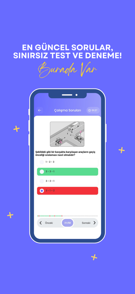 Kolay Ehliyet - Sürücü Eğitimi - Screenshot of the Kolay Ehliyet app showing a practice exam question about vehicle priority at an intersection in Turkish.