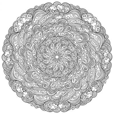 Embrace the cozy vibes of a rainy day with this exquisite mandala coloring page, brimming with intricate spirals and atmospheric patterns. Perfect for a calming and creative escape, this design invites you to color away your worries.
