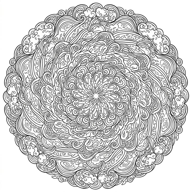 Embrace the cozy vibes of a rainy day with this exquisite mandala coloring page, brimming with intricate spirals and atmospheric patterns. Perfect for a calming and creative escape, this design invites you to color away your worries.