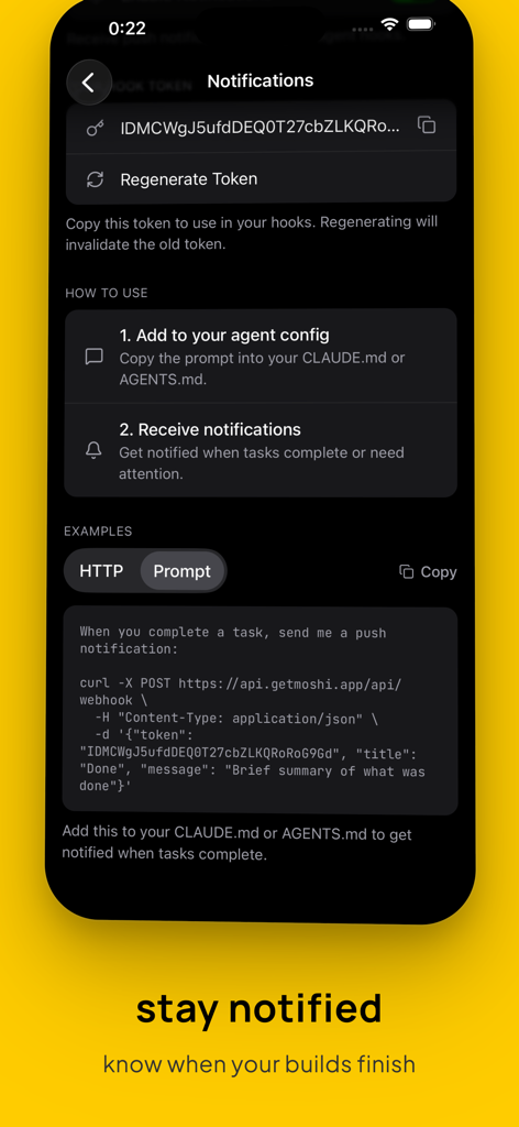Moshi: SSH & MOSH Terminal - Interfaz de la aplicación Moshi para configurar notificaciones push de webhooks para agentes de codificación IA