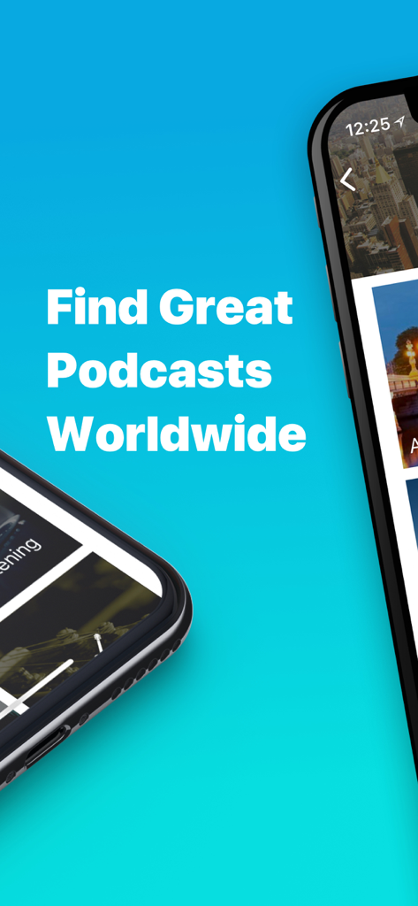 Pantalla de la aplicación Podomatic Podcast Player con el texto Find Great Podcasts Worldwide sobre un fondo azul brillante.