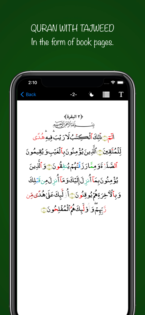 Muslim Watch - Smartphone screen showing Quran verses with Tajweed color coding in the Muslim Watch app