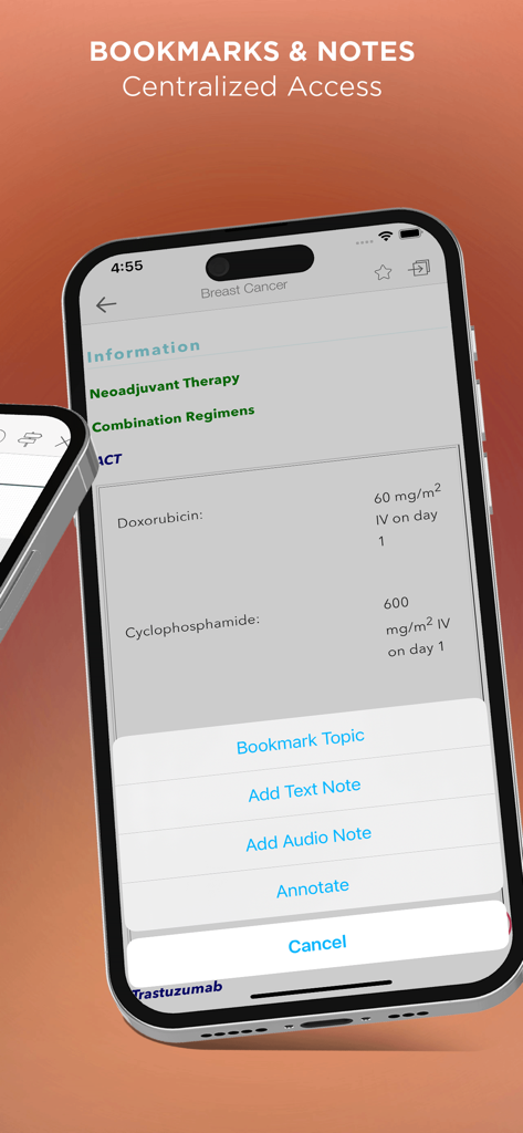 Cancer Chemotherpy Drug Manual - Cancer Chemotherapy Drug Manual app interface showing bookmarks and notes options on a smartphone screen.