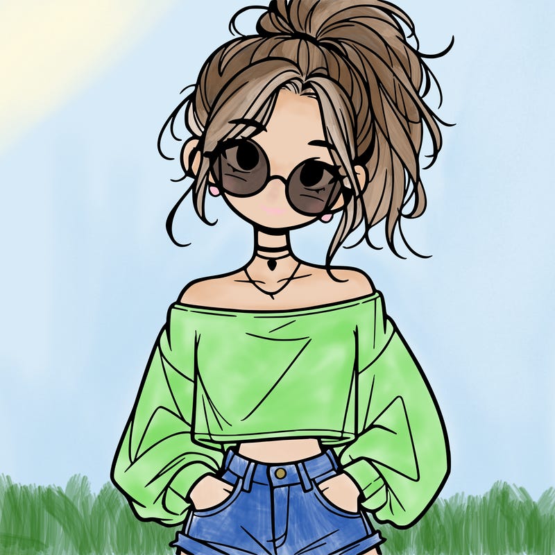 girl with a messy ponytail glasses a baggy crop top and jean shorts