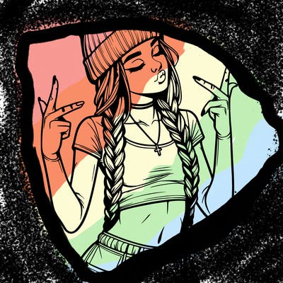 realistic teenage girl with braids and a beanie and crop top doing 🫶🏼
