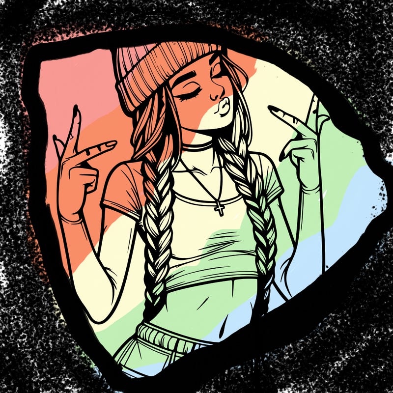 realistic teenage girl with braids and a beanie and crop top doing 🫶🏼