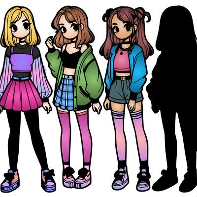 one girl with crop-top shirt and a jacket with a skirt, long socks and another girl with a shirt and pants with a jacket