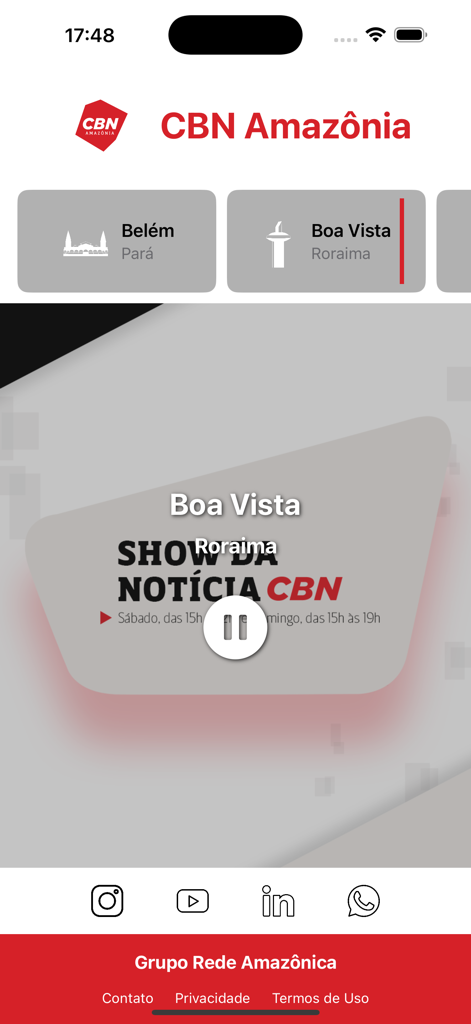 CBN Amazônia - CBN Amazonia mobile app interface showing the live news radio player for the city of Boa Vista Roraima