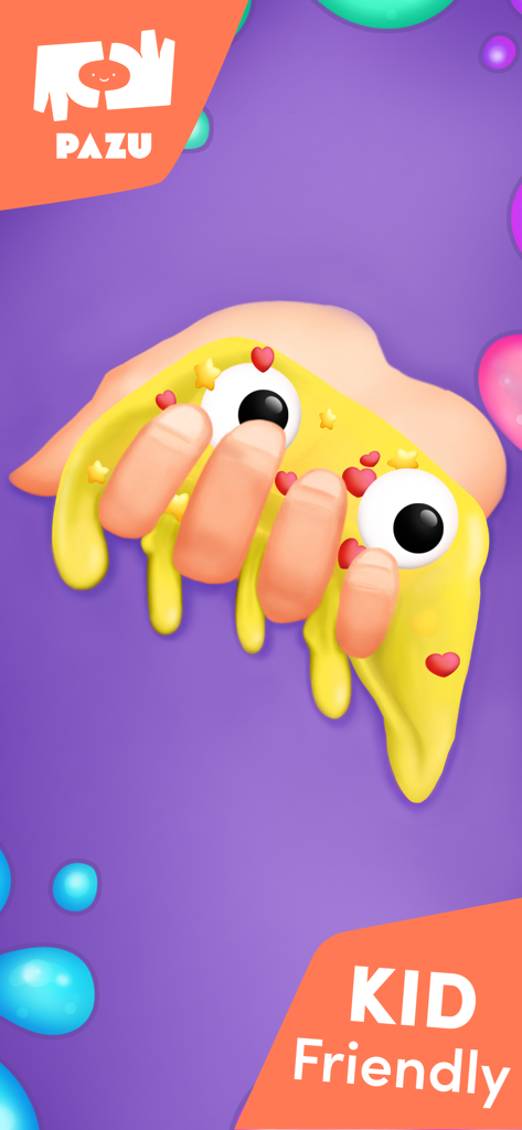 Slime Maker Games For Kids - Una mano apretando slime virtual amarillo con ojos saltones en la aplicación Slime Maker.