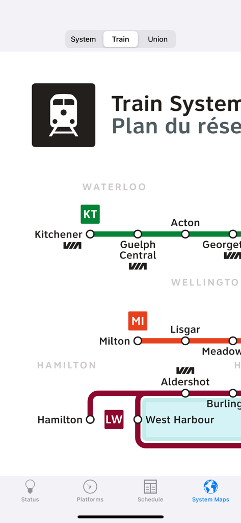 A section of the GO Transit train system map showing various lines and stations.